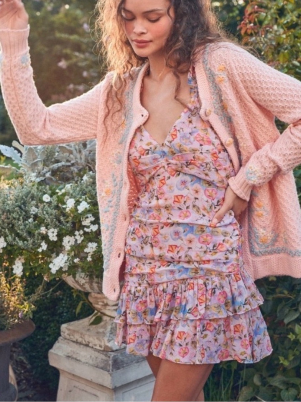 LoveShackFancy Desra Pastel Pink Floral Tiered Ruffle Mini
